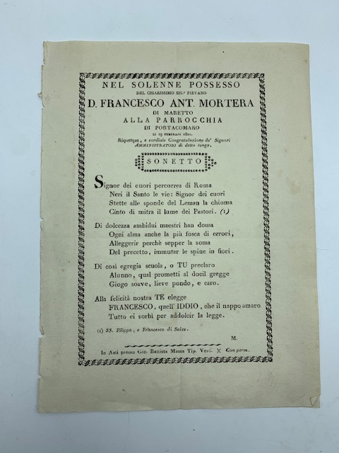 Nel solenne possesso del chiarissimo Sig. pievano D. Francesco Ant. Mortera di Maretto alla parrocchia di Portacomaro...Sonetto